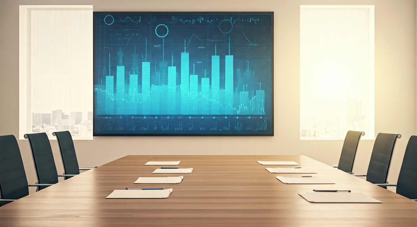 Bright office interior with a meeting table, notebooks, and a wall screen showing market charts, representing a small but professional learning workspace