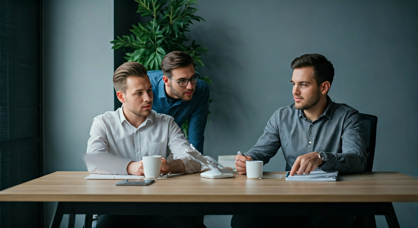 Small team in a modern office discussing trading charts on a screen, collaborative setting, neutral tones, showing a young educational company at work