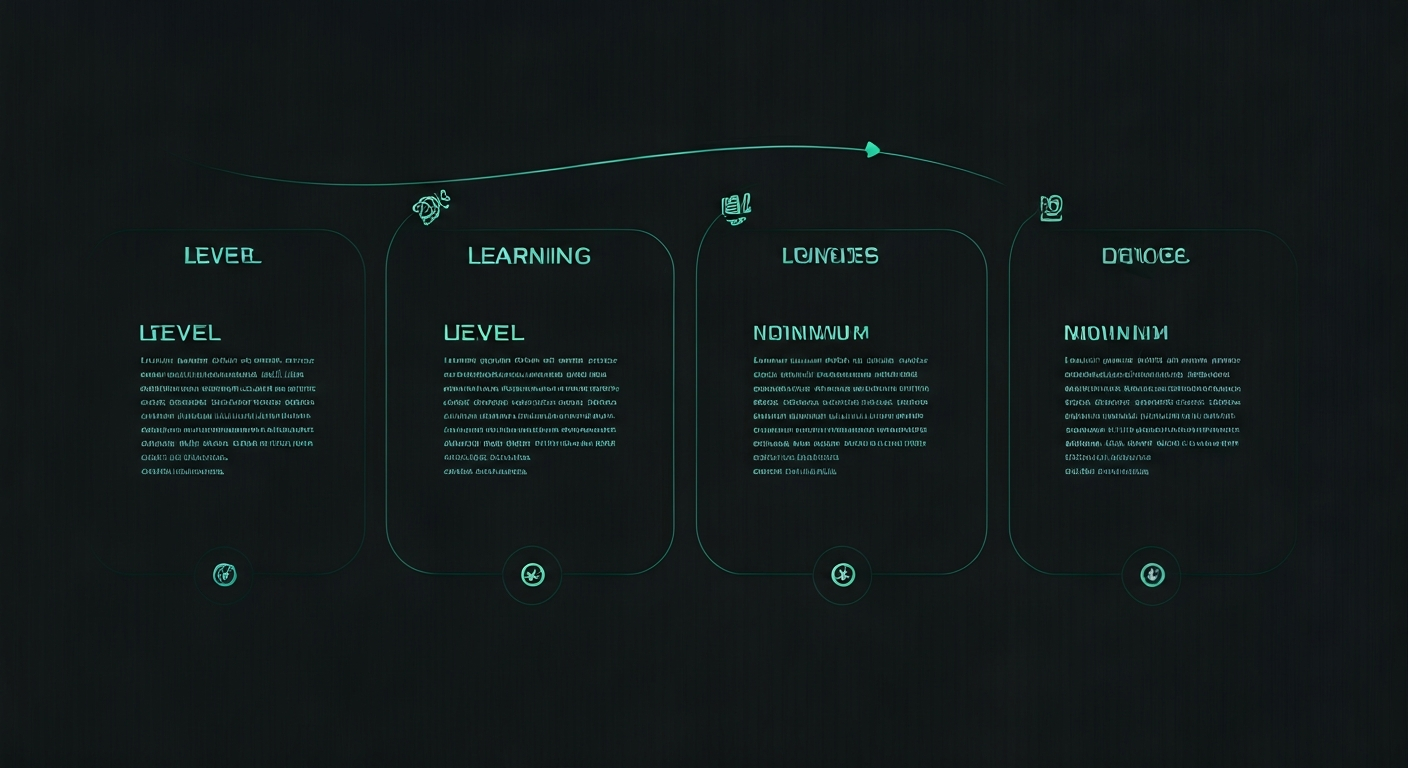 Illustration of a learning path with level markers, clean layout and icons of charts and books, representing a structured progression from basics to intermediate trading skills