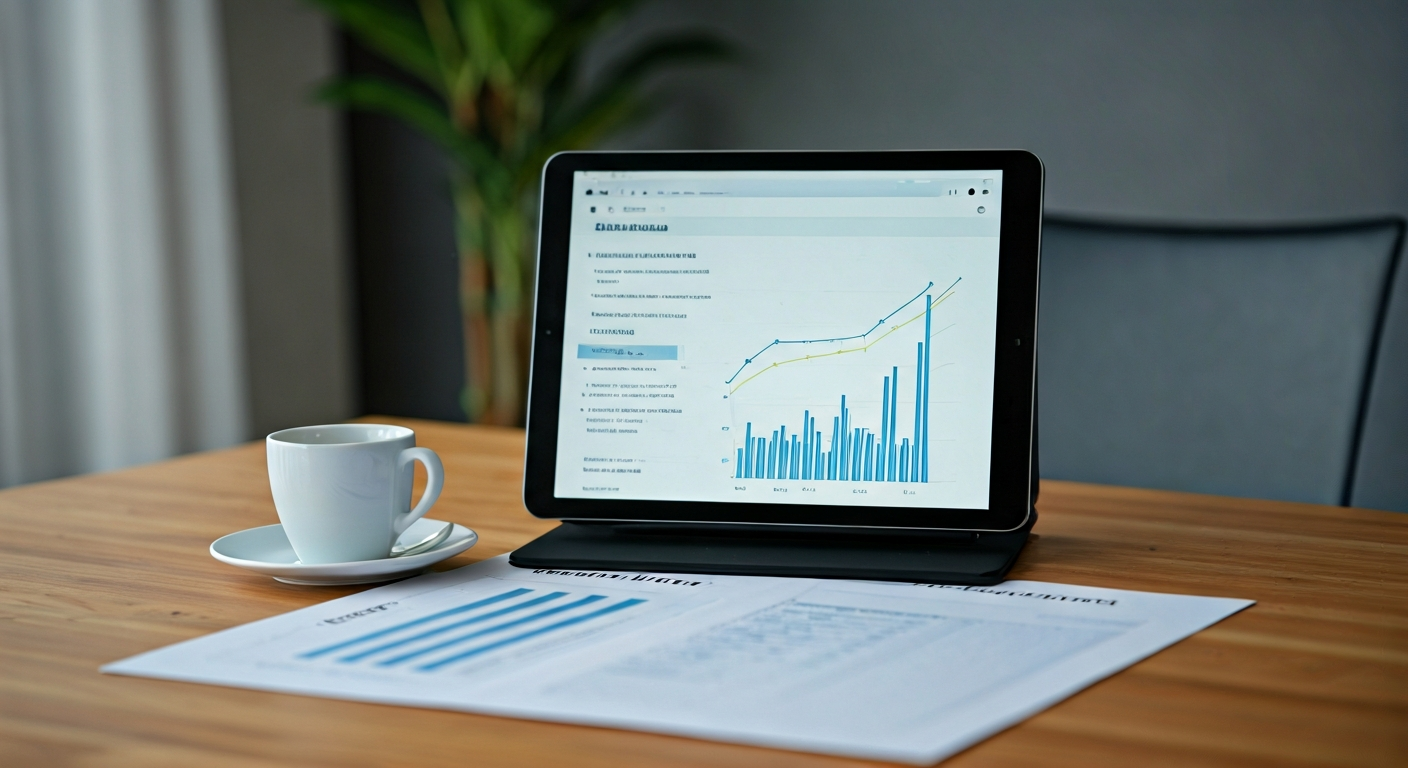 Neat desk with printed trading modules, tablet showing charts and a checklist, illustrating a structured curriculum with practical tasks for consistent learning