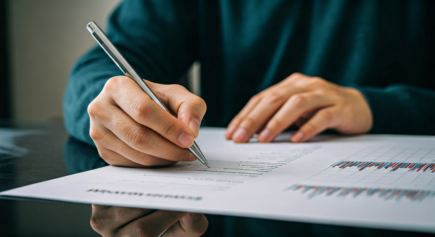 Close-up of hands writing risk limits on paper next to a chart printout, illustrating careful planning and disciplined risk management for trading decisions