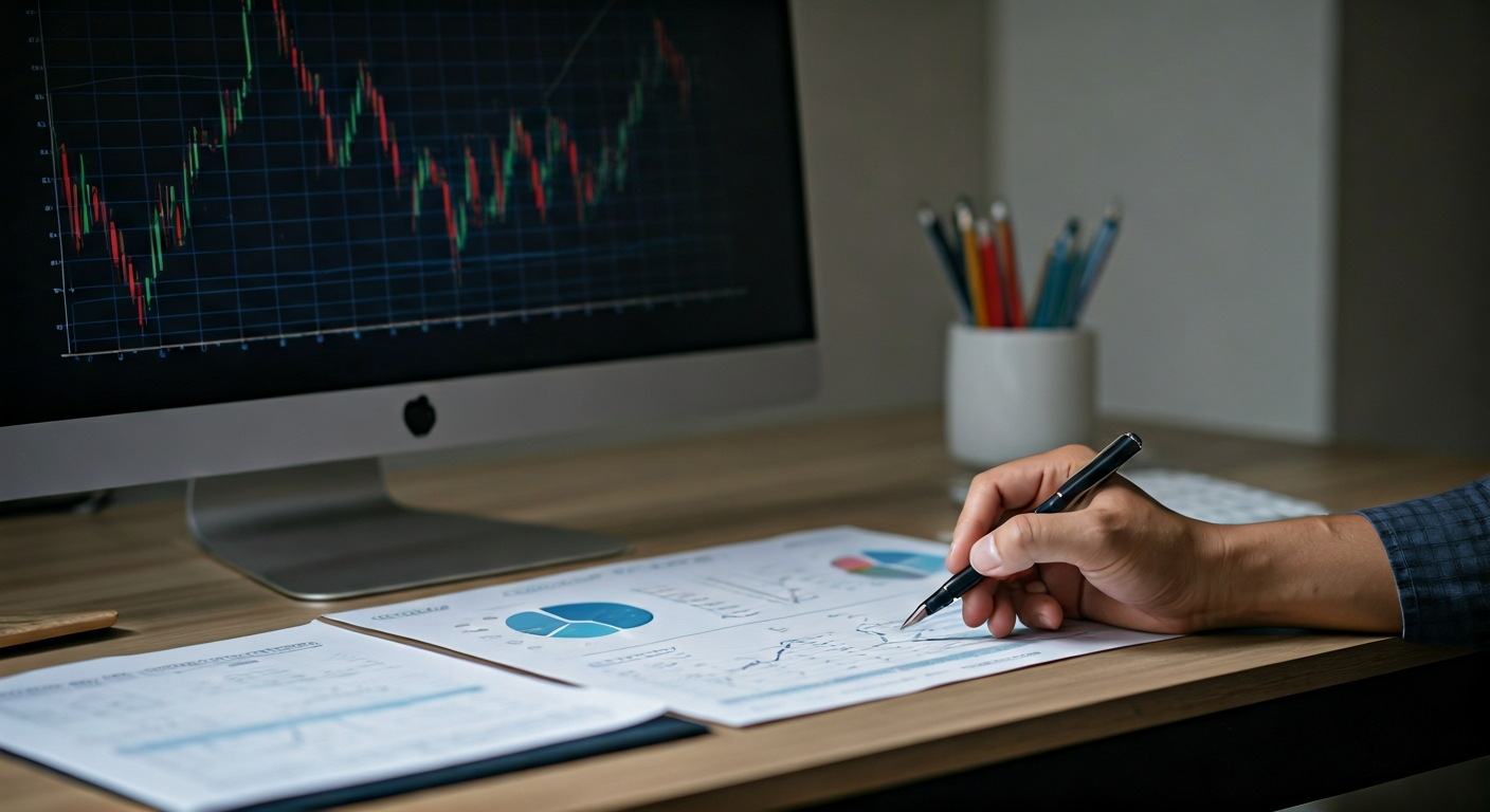 Trader analyzing charts on a large screen with printed notes and a pen, neutral office setting, representing focused educational support and analysis practice