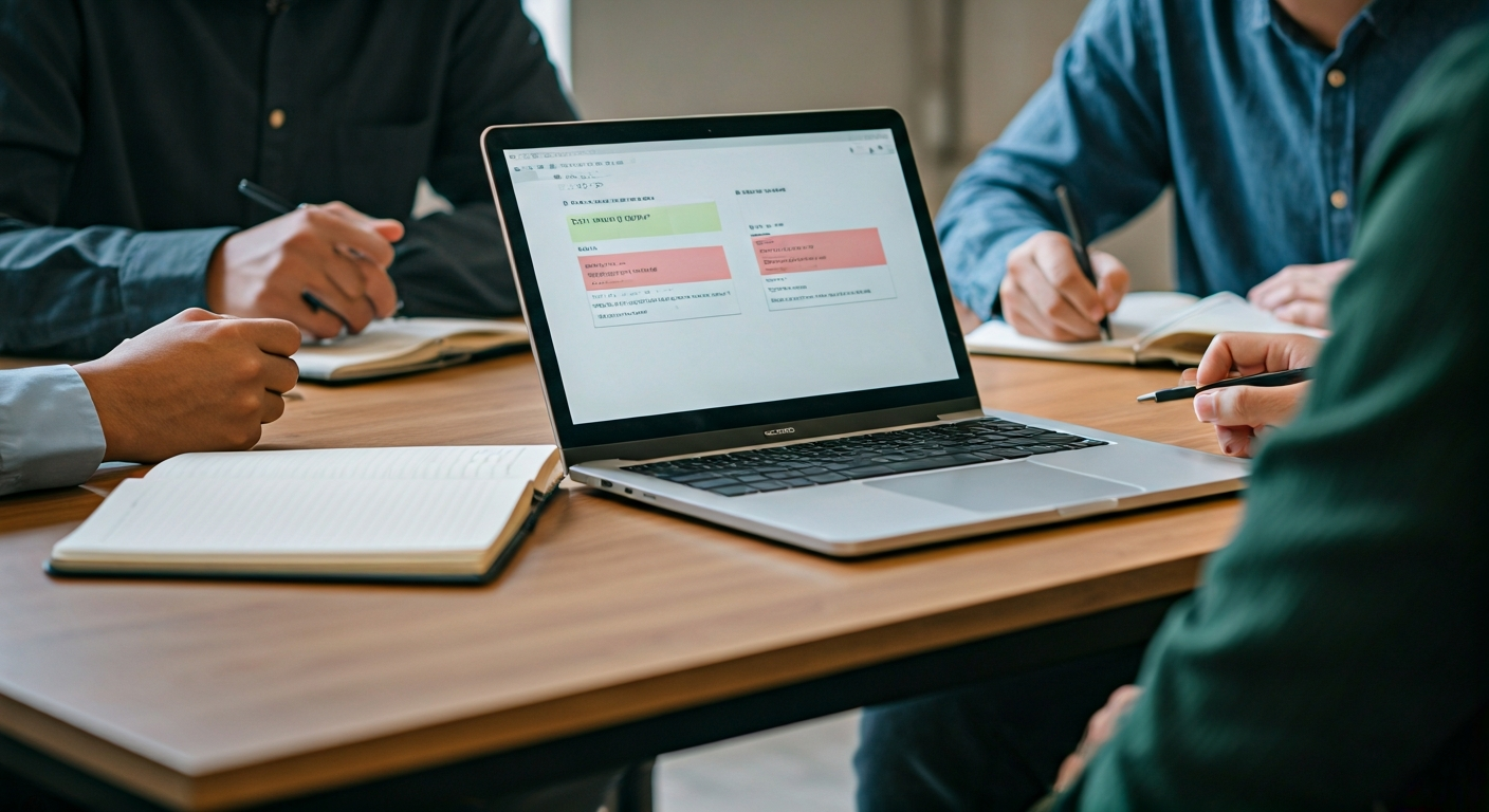 Small group around a table watching a laptop with trading slides, notebooks open, indicating an informative workshop environment with focused learning